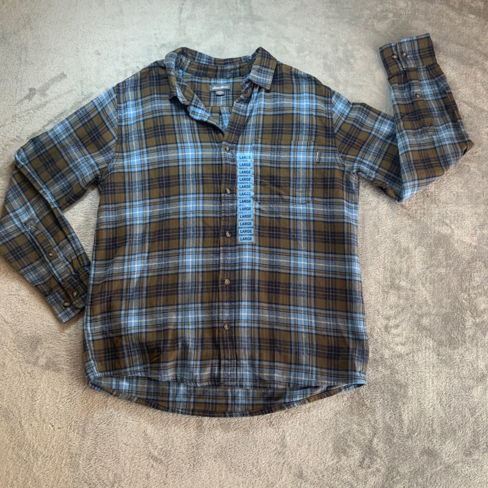 Eddie Bauer Mens Plaid Flannel Shirt Brown Blue Long Sleeve Button Down Large